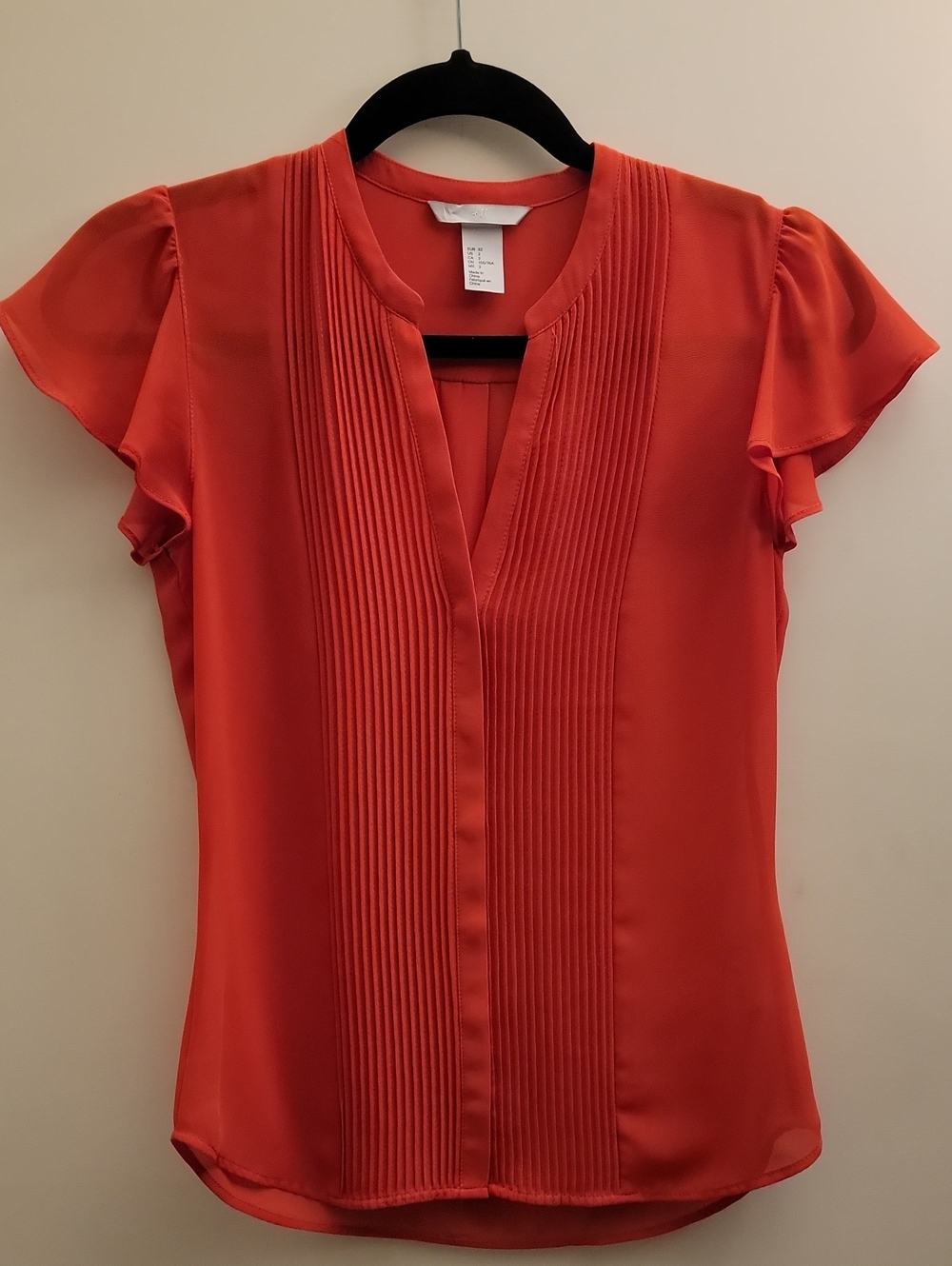 H&M Bright Coral Pintuck Split-Neck Flutter Sleeve Top